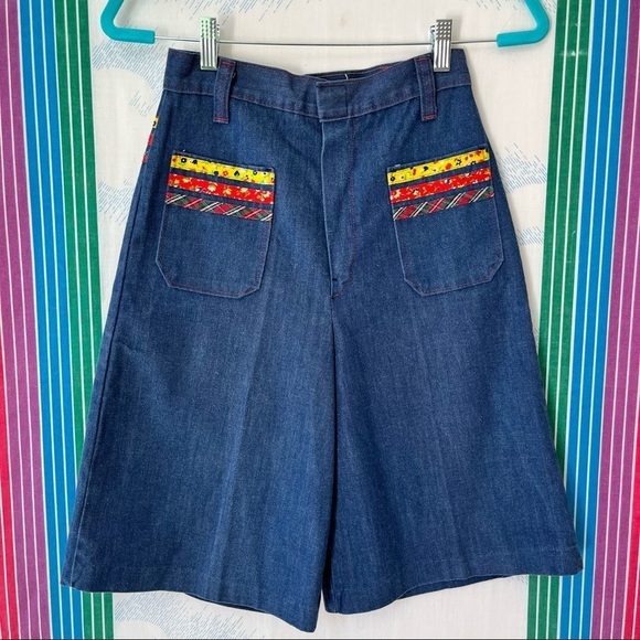 VINTAGE 70s high waist wide leg denim culottes shorts cottage core boho 25 waist - Picture 1 of 11